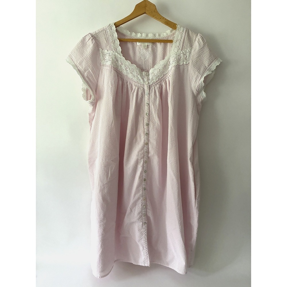 Eileen West Pink Seersucker Nightgown XL  White Lace Trim Breathable Cottagecore